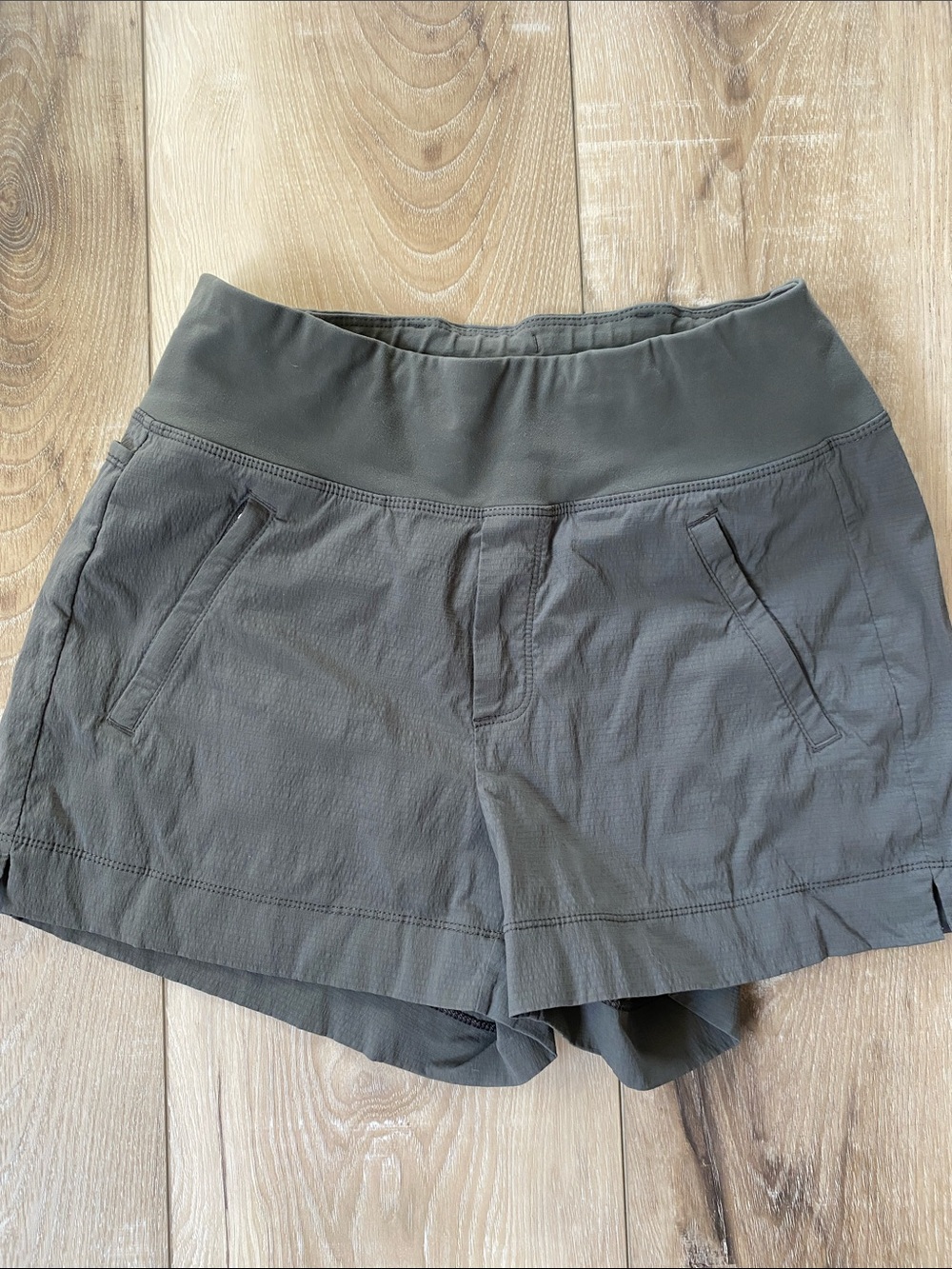 Athleta Olive Gray Athletic Shorts with Wide Waistband